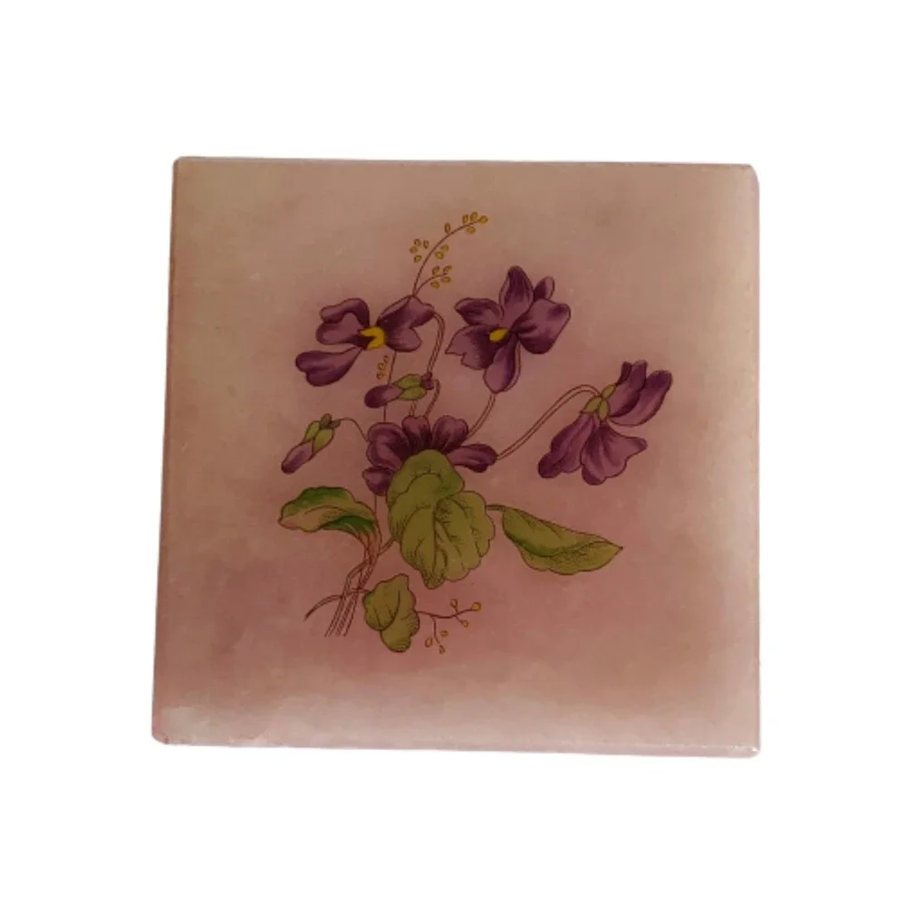Alabaster Pink Trinket Box Violet Floral Hinged Lid Hand Carved Italy